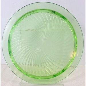 Vintage Depression Cake Plate Swirl Pattern Footed 10” Green Uranium
